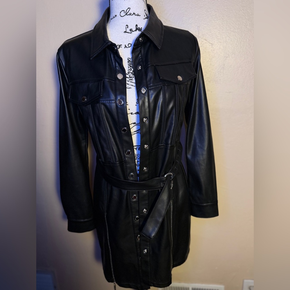 Maniere De Voir Faux Leather Belted Black Coat Jacket